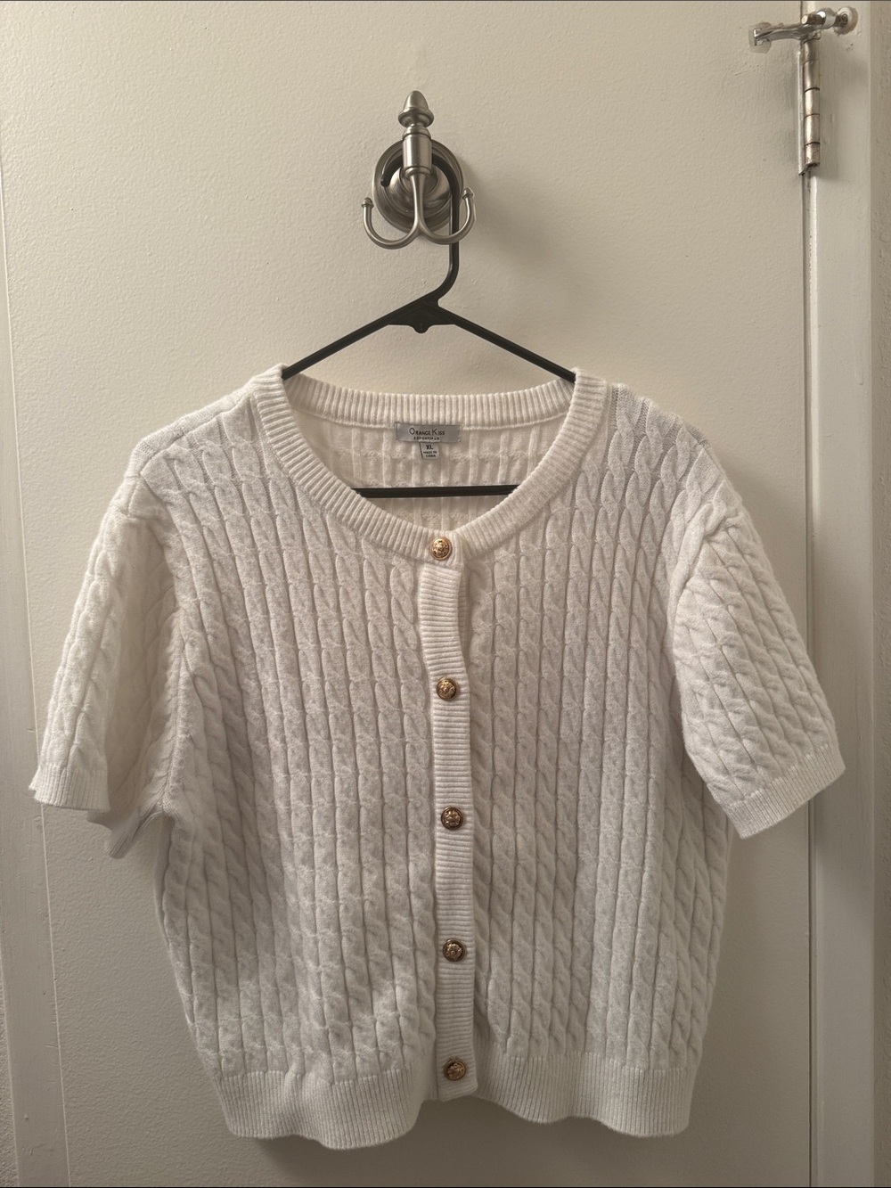 Short-Sleeve Cable-Knit Cardigan with Gold Buttons - White